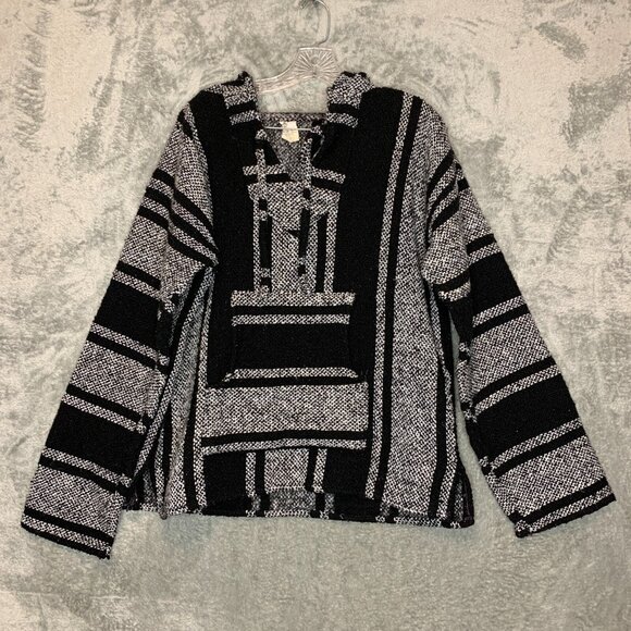 Artesanias Cuamatzi Other - Vtg Artesanis Men Striped Baja Pullover Drug Rug Hippie Surfer Hoodie L Black